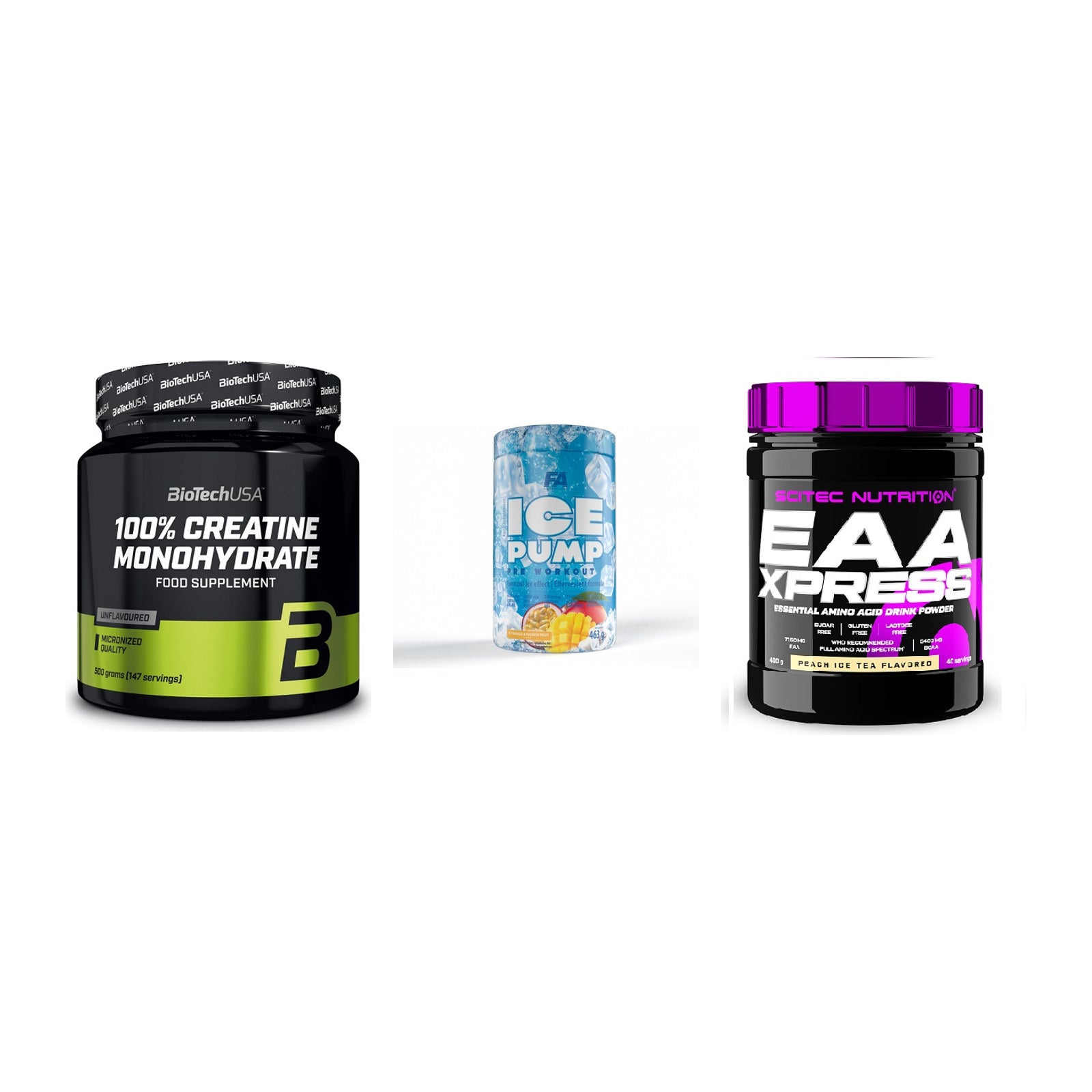 Kraft-Stack: BioTech Creatine + FA Nutrition ICE + Scitec EAA Xpress – alle enthaltenen Artikel