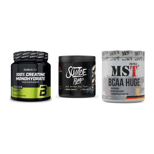 Kraft-Stack: BioTech Creatine + #GYMJUICE SUIZIDE + MST BCAA Huge 200 – alle enthaltenen Artikel