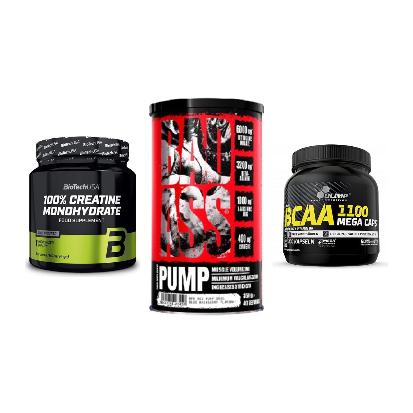 Kraft-Stack: BioTech Creatine + BAD ASS Pump 350g + Olimp BCAA Mega – alle enthaltenen Artikel