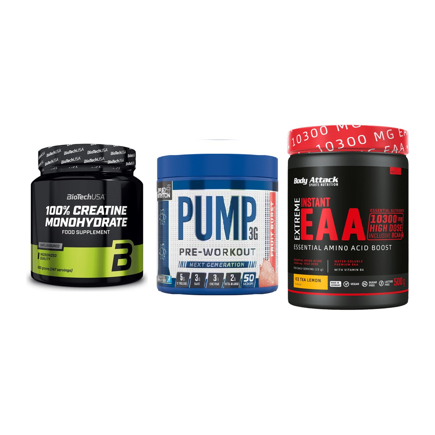Kraft-Stack: BioTech Creatine + Applied Nutrition + Body Attack – alle enthaltenen Artikel