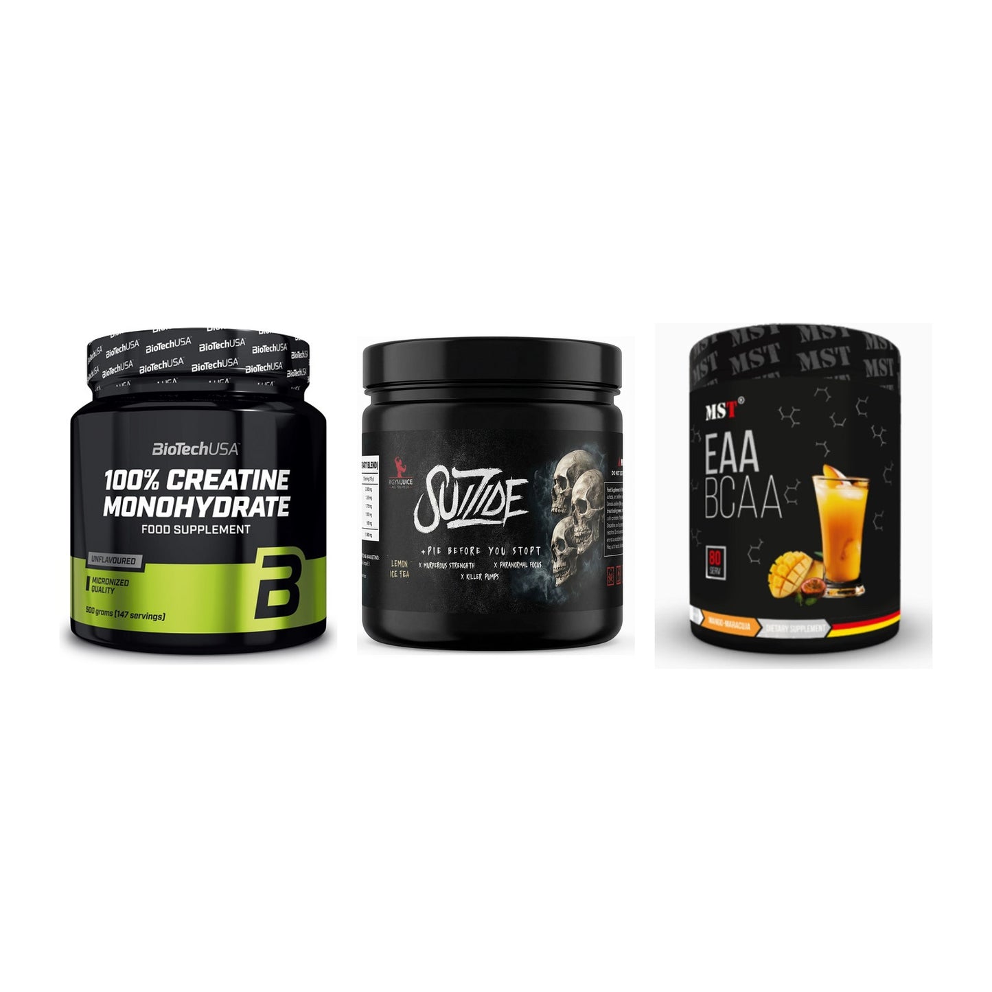 Kraft-Stack: BioTech Creatine + #GYMJUICE SUIZIDE + MST EAA & BCAA – alle enthaltenen Artikel