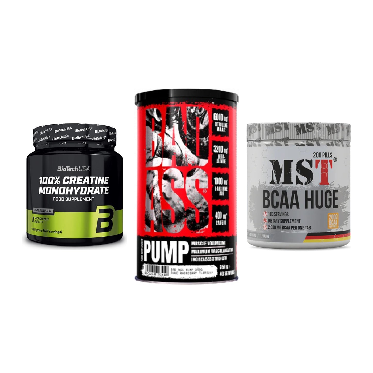 Kraft-Stack: BioTech Creatine + BAD ASS Pump + MST BCAA Huge 200 – alle enthaltenen Artikel