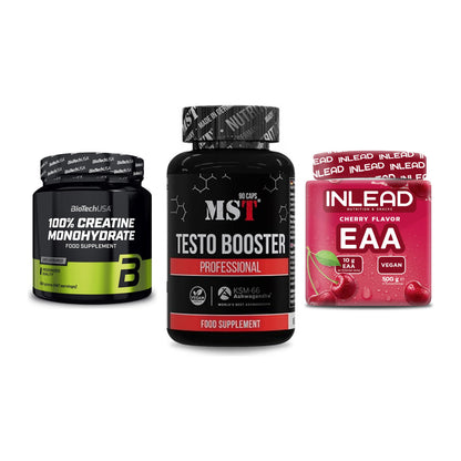 Kraft-Stack: BioTech Creatine + MST Testo Booster + INLEAD EAA – alle enthaltenen Artikel