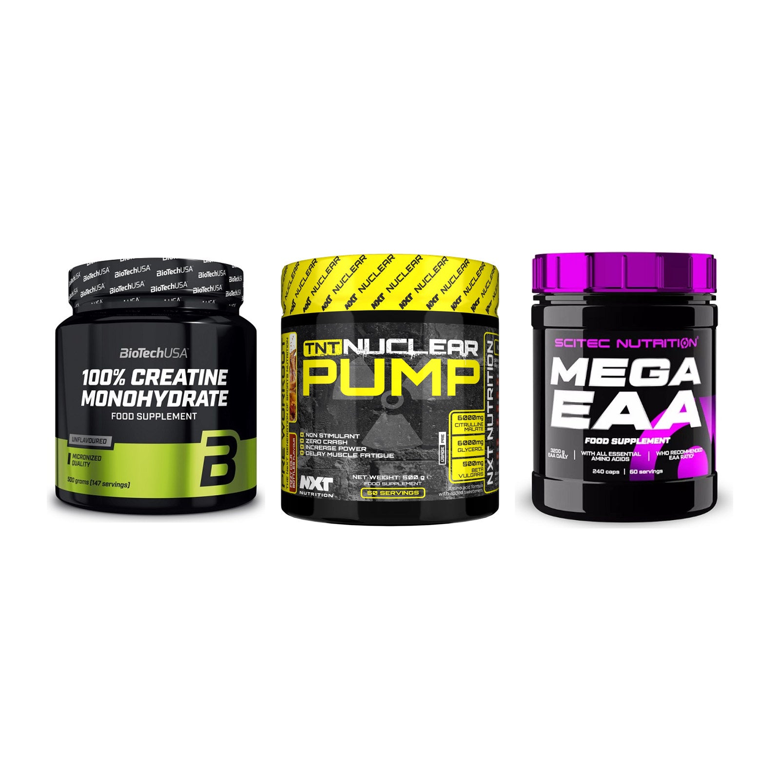 Kraft-Stack: BioTech Creatine + NXT Nutrition TNT + Scitec Mega EAA – alle enthaltenen Artikel