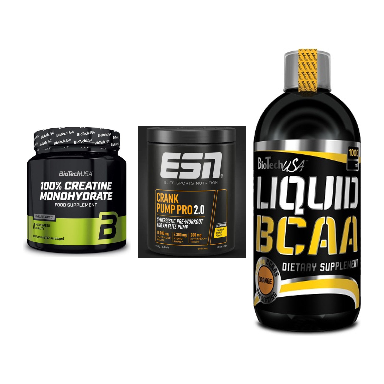 Kraft-Stack: BioTech Creatine + ESN Crank Pump + BioTech Liquid – alle enthaltenen Artikel