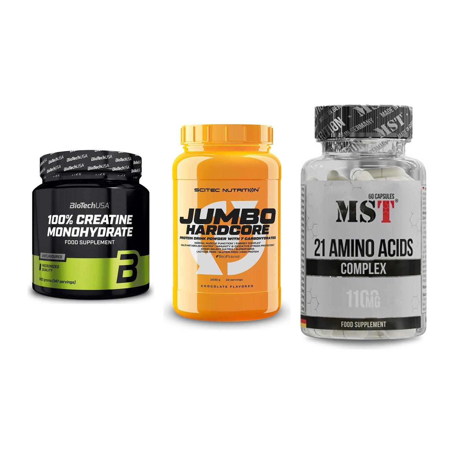 Kraft-Stack: BioTech Creatine + Scitec Jumbo + MST 21 Amino – alle enthaltenen Artikel