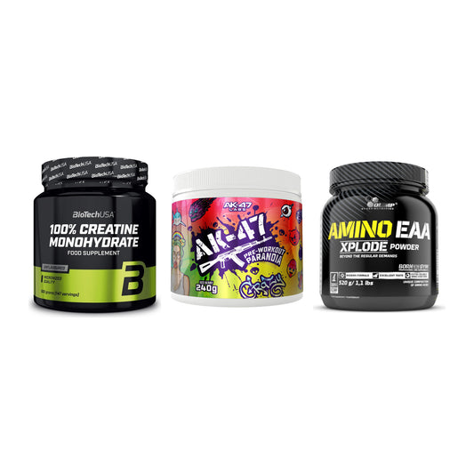 Kraft-Stack: BioTech Creatine + AK47 Labs + Olimp Amino EAA – alle enthaltenen Artikel