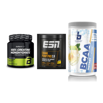 Kraft-Stack: BioTech Creatine + ESN Crank Pump + Blackline – alle enthaltenen Artikel