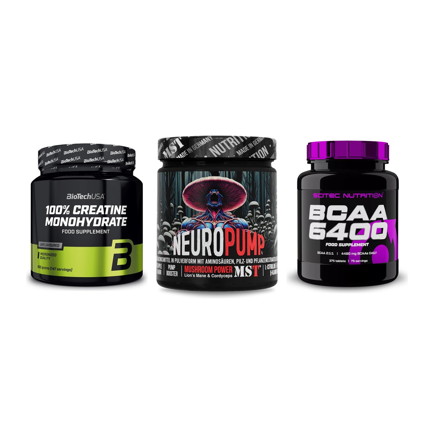 Kraft-Stack: BioTech Creatine + MST NeuroPump + Scitec BCAA 6400 – alle enthaltenen Artikel