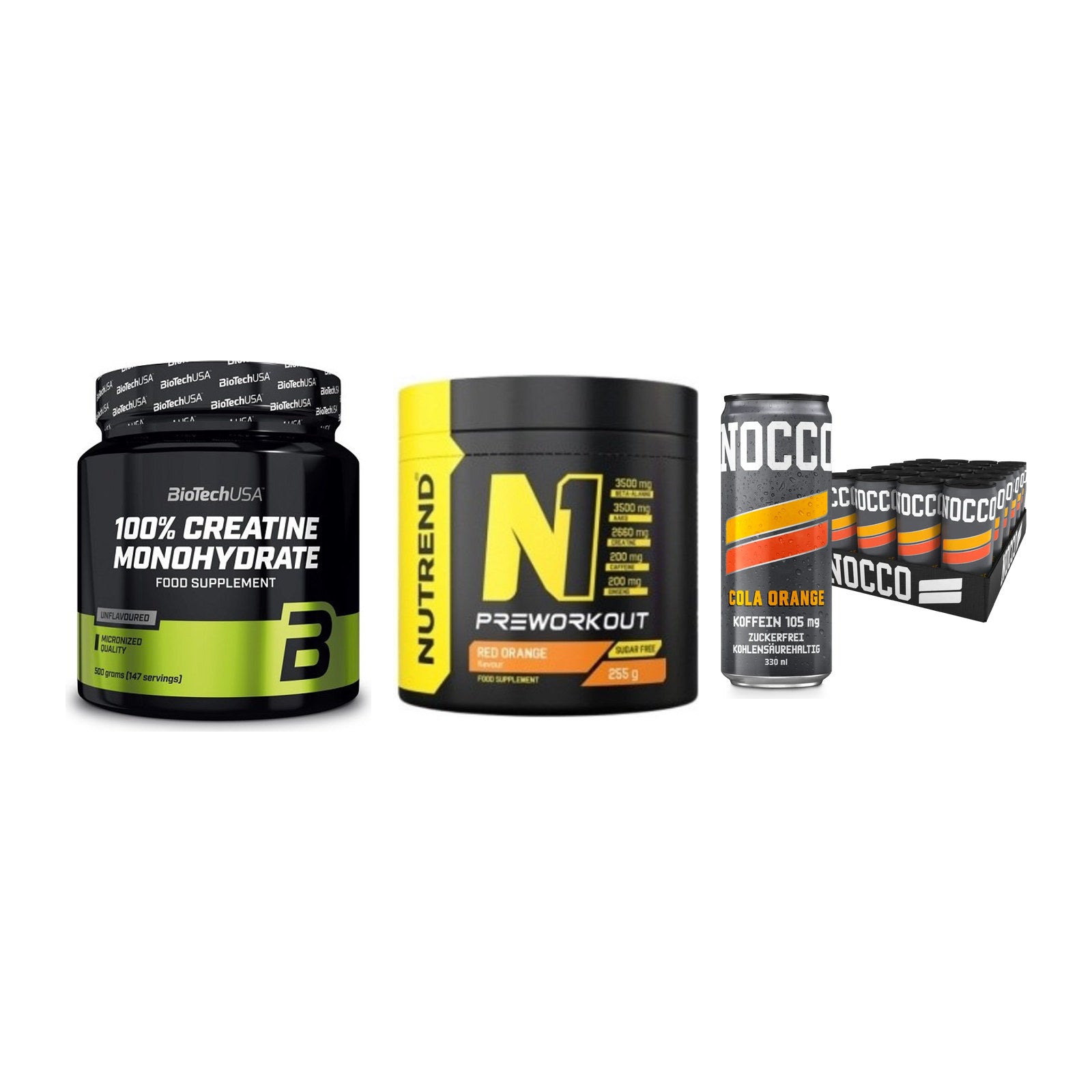 Kraft-Stack: BioTech Creatine + Nutrend N1 + Nocco BCAA Drink – alle enthaltenen Artikel