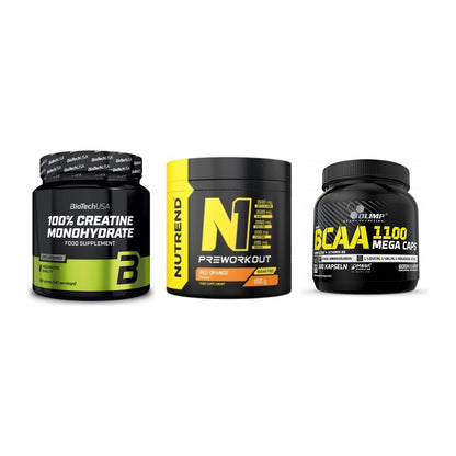 Kraft-Stack: BioTech Creatine + Nutrend N1 + Olimp BCAA Mega – alle enthaltenen Artikel