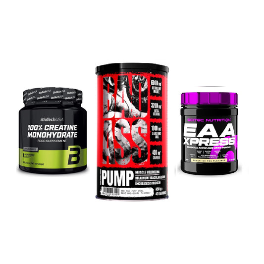 Kraft-Stack: BioTech Creatine + BAD ASS Pump + Scitec EAA Xpress – alle enthaltenen Artikel