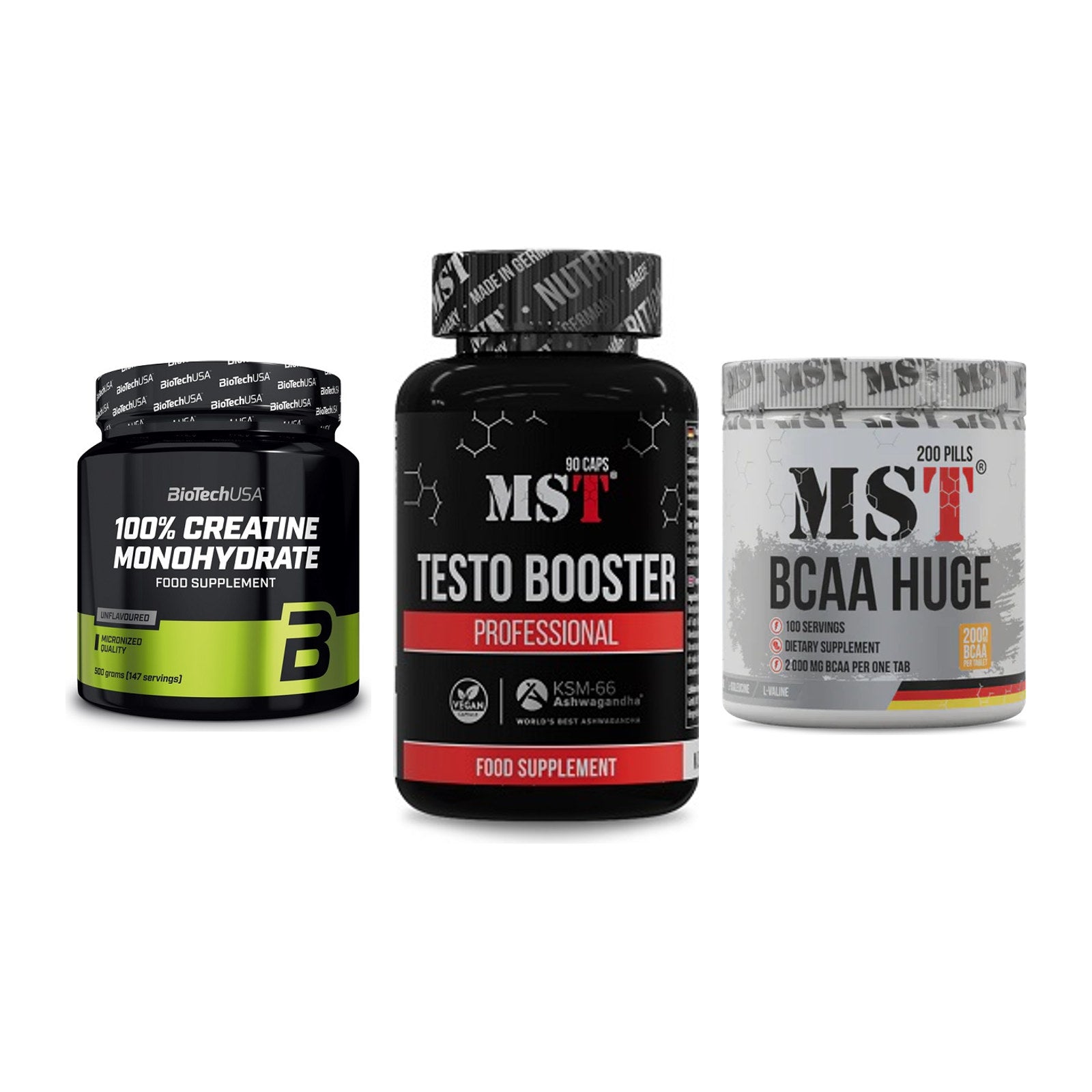 Kraft-Stack: BioTech Creatine + MST Testo Booster + MST BCAA Huge 200 – alle enthaltenen Artikel