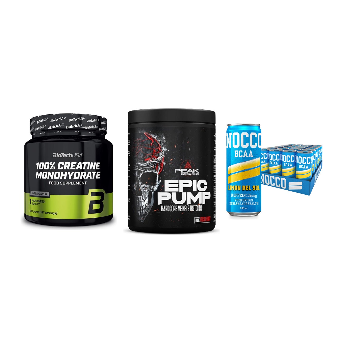 Kraft-Stack: BioTech Creatine + Peak EPIC Pump + Nocco BCAA Drink – alle enthaltenen Artikel