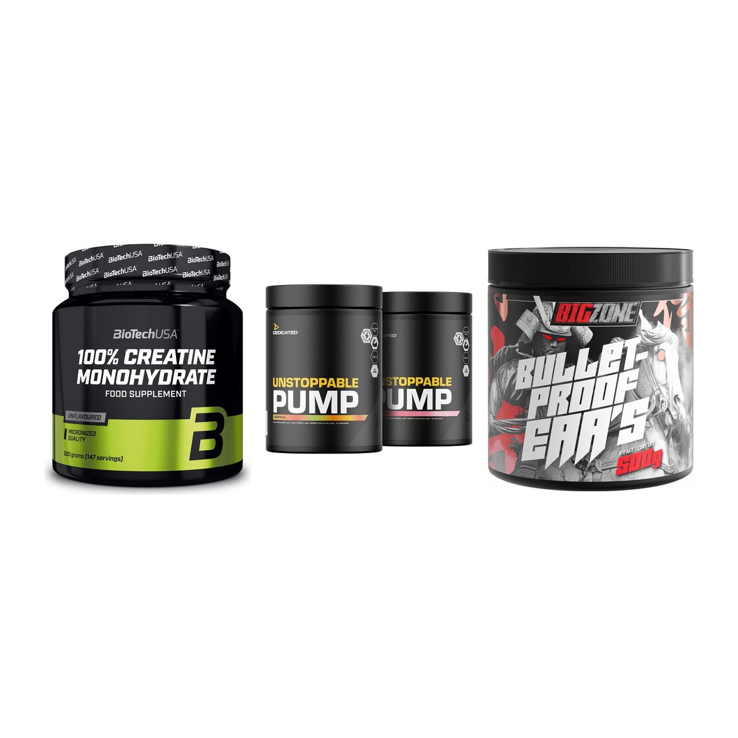 Kraft-Stack: BioTech Creatine + Dedicated + Big Zone Bulletpr – alle enthaltenen Artikel