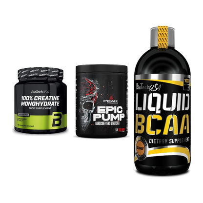 Kraft-Stack: BioTech Creatine + Peak EPIC Pump + BioTech Liquid – alle enthaltenen Artikel