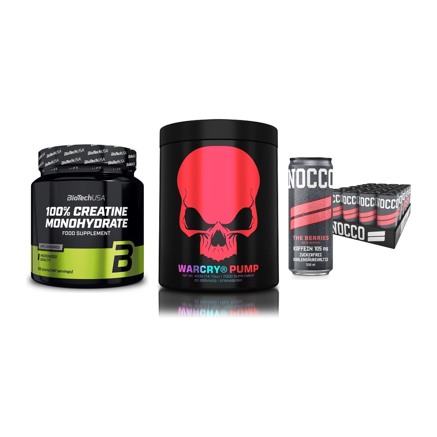 Kraft-Stack: BioTech Creatine + Genius Nutrition + Nocco BCAA Drink – alle enthaltenen Artikel