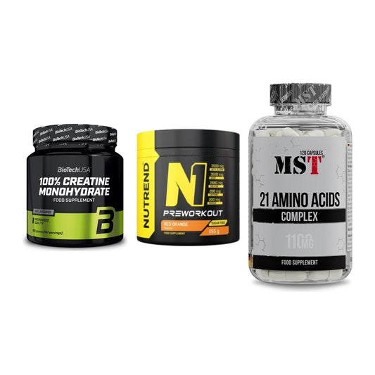 Kraft-Stack: BioTech Creatine + Nutrend N1 + MST 21 Amino – alle enthaltenen Artikel