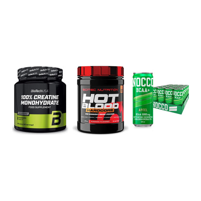 Kraft-Stack: BioTech Creatine + Scitec Hot Blood + Nocco BCAA Drink – alle enthaltenen Artikel
