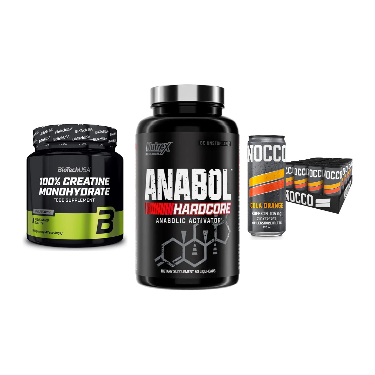 Kraft-Stack: BioTech Creatine + Nutrex Anabol + Nocco BCAA Drink – alle enthaltenen Artikel