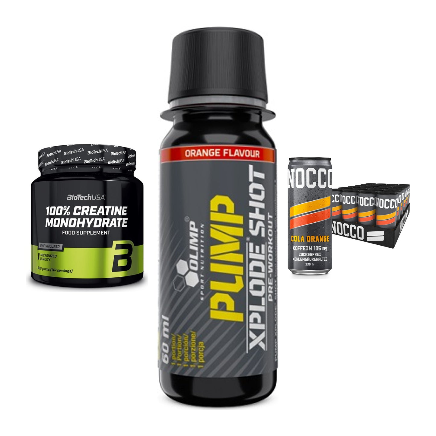 Kraft-Stack: BioTech Creatine + Olimp Pump Xplode + Nocco BCAA Drink – alle enthaltenen Artikel