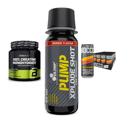 Kraft-Stack: BioTech Creatine + Olimp Pump Xplode + Nocco BCAA Drink – alle enthaltenen Artikel
