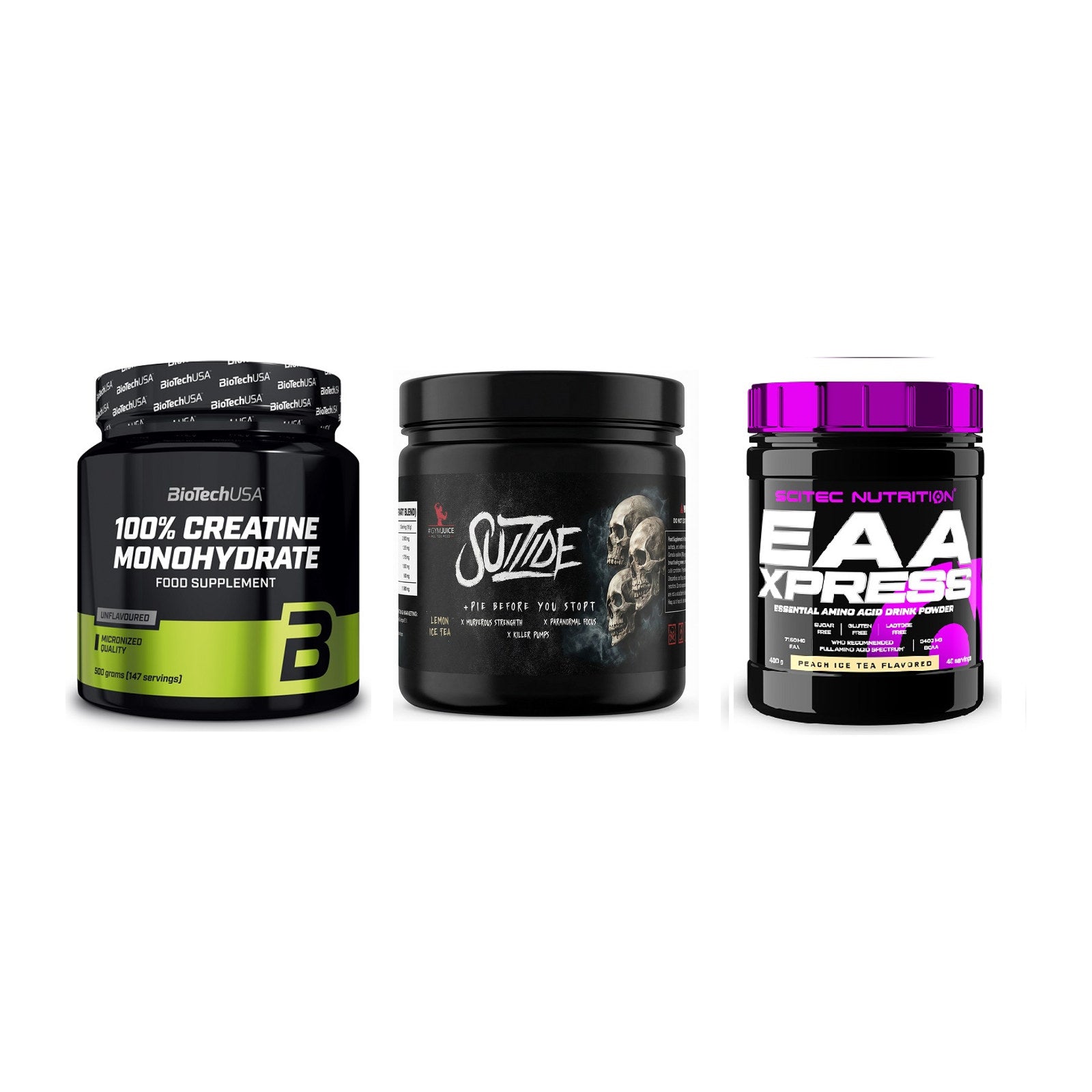 Kraft-Stack: BioTech Creatine + #GYMJUICE SUIZIDE + Scitec EAA Xpress – alle enthaltenen Artikel
