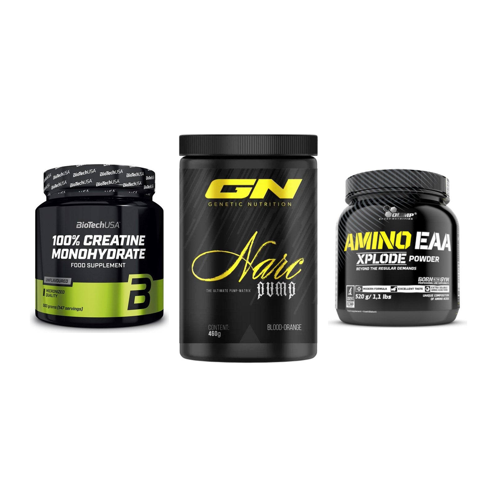 Kraft-Stack: BioTech Creatine + GN Narc Pump + Olimp Amino EAA – alle enthaltenen Artikel