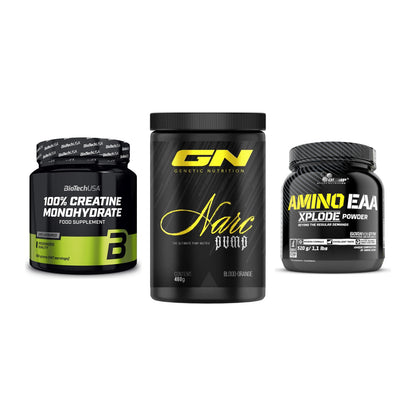 Kraft-Stack: BioTech Creatine + GN Narc Pump + Olimp Amino EAA – alle enthaltenen Artikel
