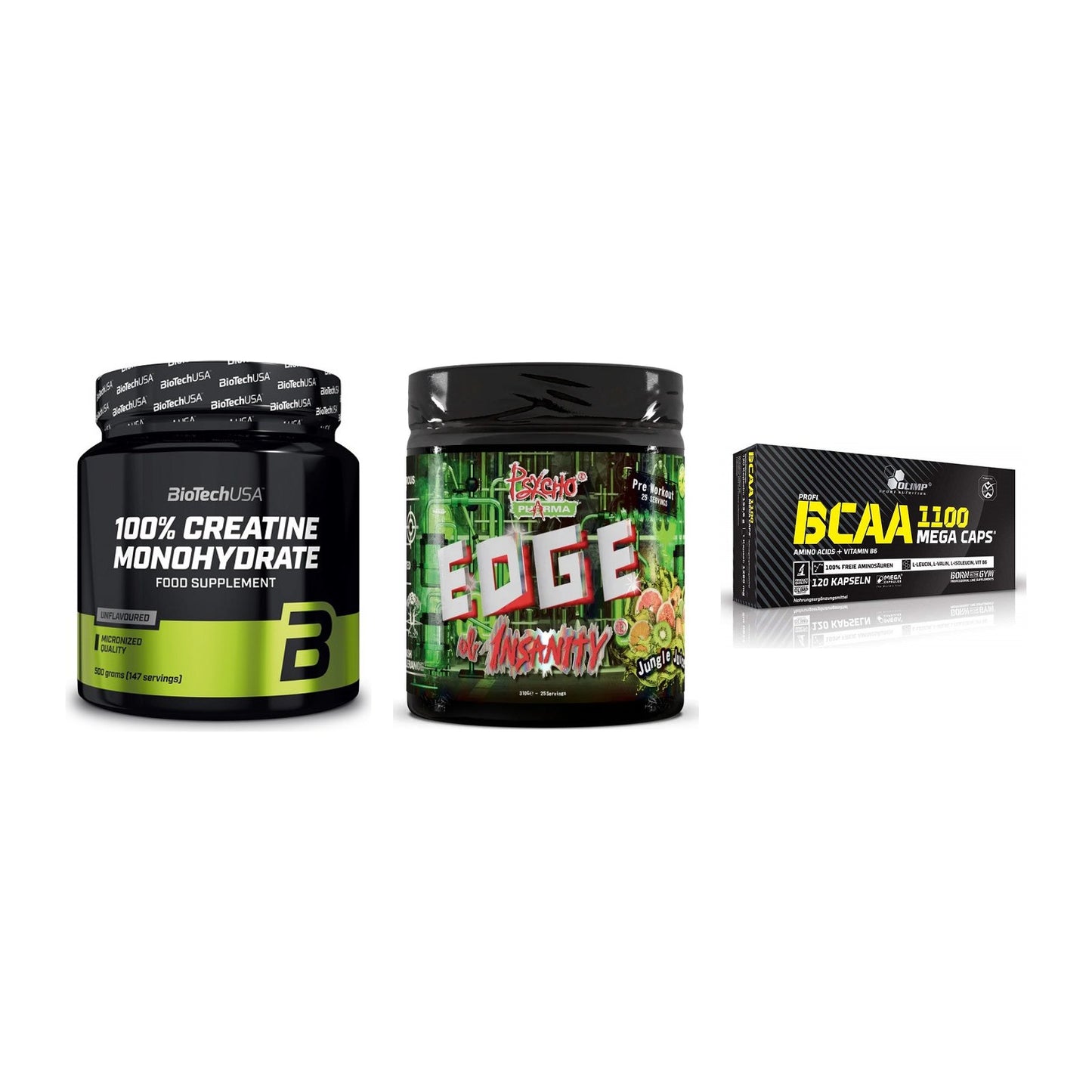 Kraft-Stack: BioTech Creatine + Psycho Pharma + Olimp BCAA Mega – alle enthaltenen Artikel