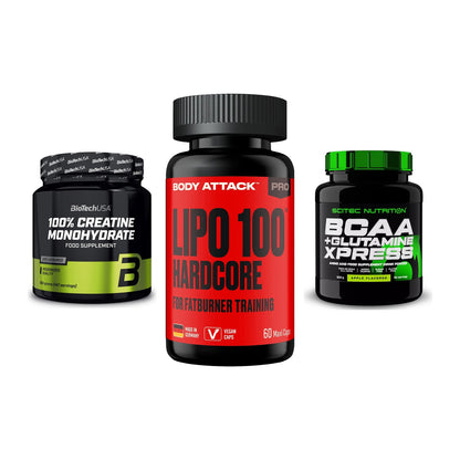 Kraft-Stack: BioTech Creatine + Body Attack LIPO + Scitec BCAA – alle enthaltenen Artikel