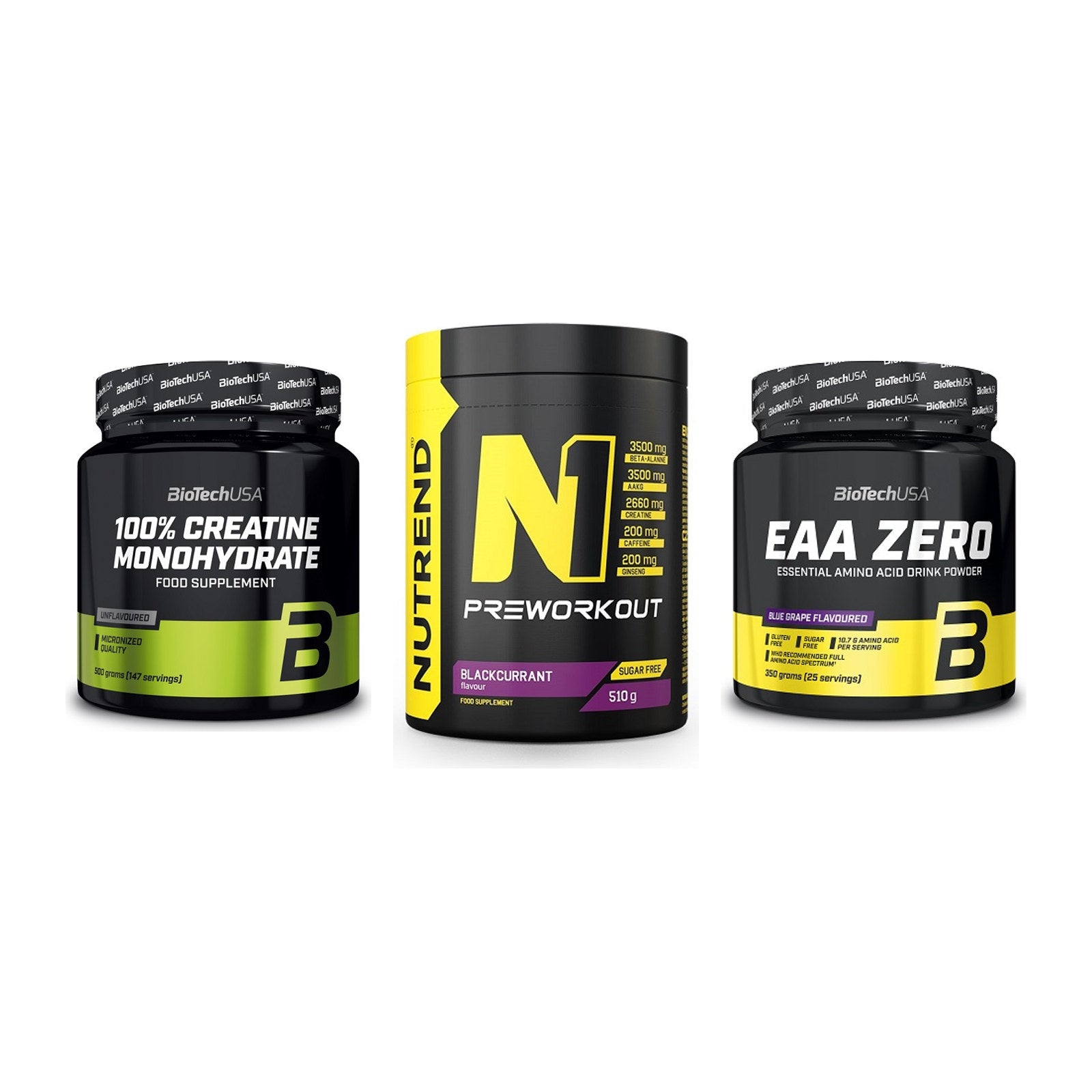 Kraft-Stack: BioTech Creatine + Nutrend N1 + BioTech EAA Zero – alle enthaltenen Artikel