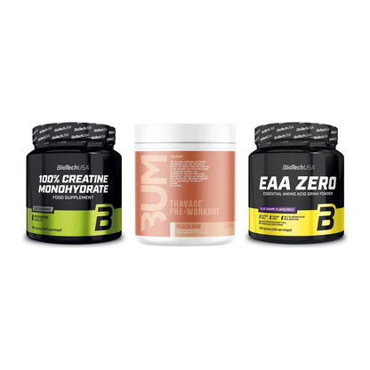Kraft-Stack: BioTech Creatine + RAW Nutrition + BioTech EAA Zero – alle enthaltenen Artikel