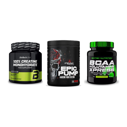 Kraft-Stack: BioTech Creatine + Peak EPIC Pump + Scitec BCAA – alle enthaltenen Artikel
