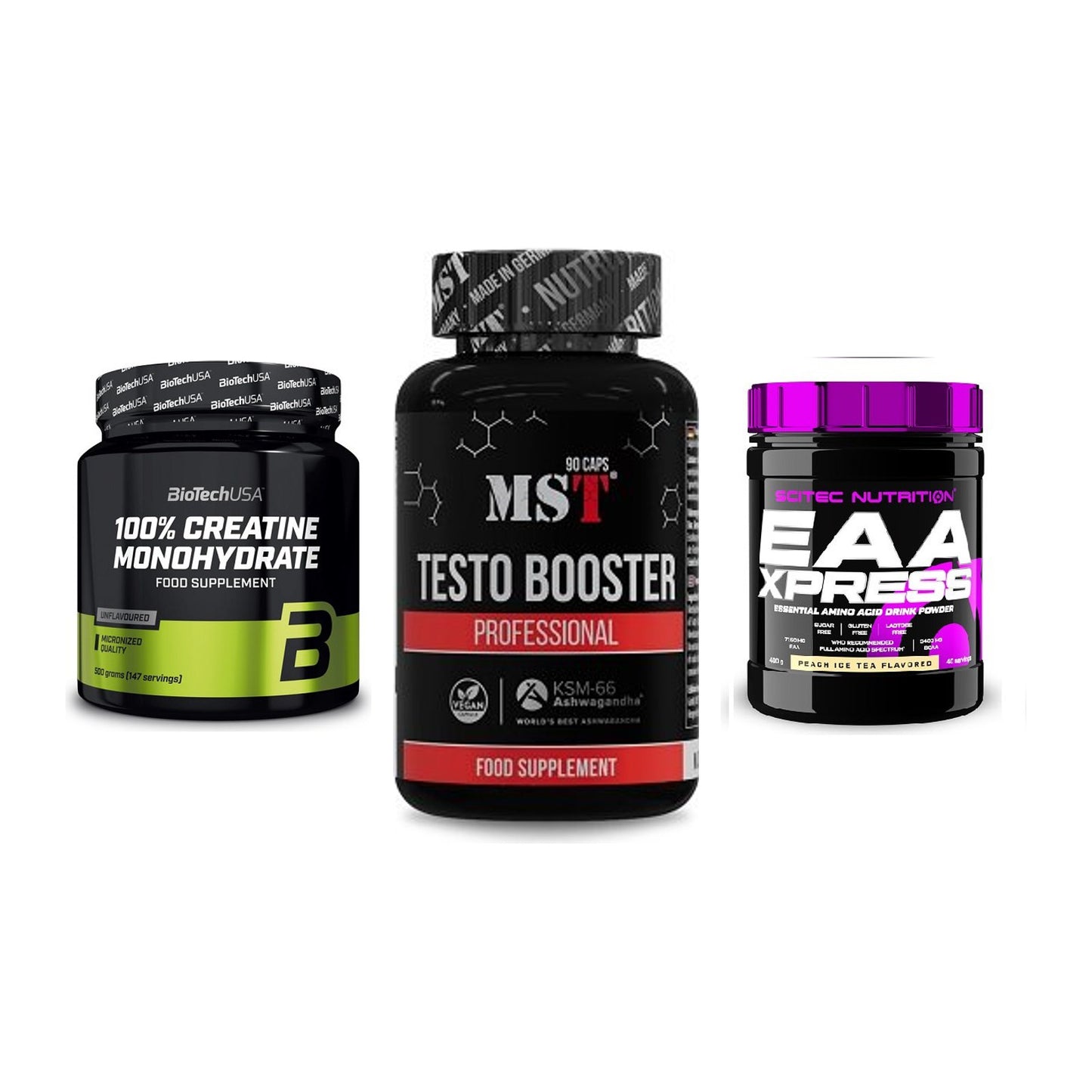 Kraft-Stack: BioTech Creatine + MST Testo Booster + Scitec EAA Xpress – alle enthaltenen Artikel