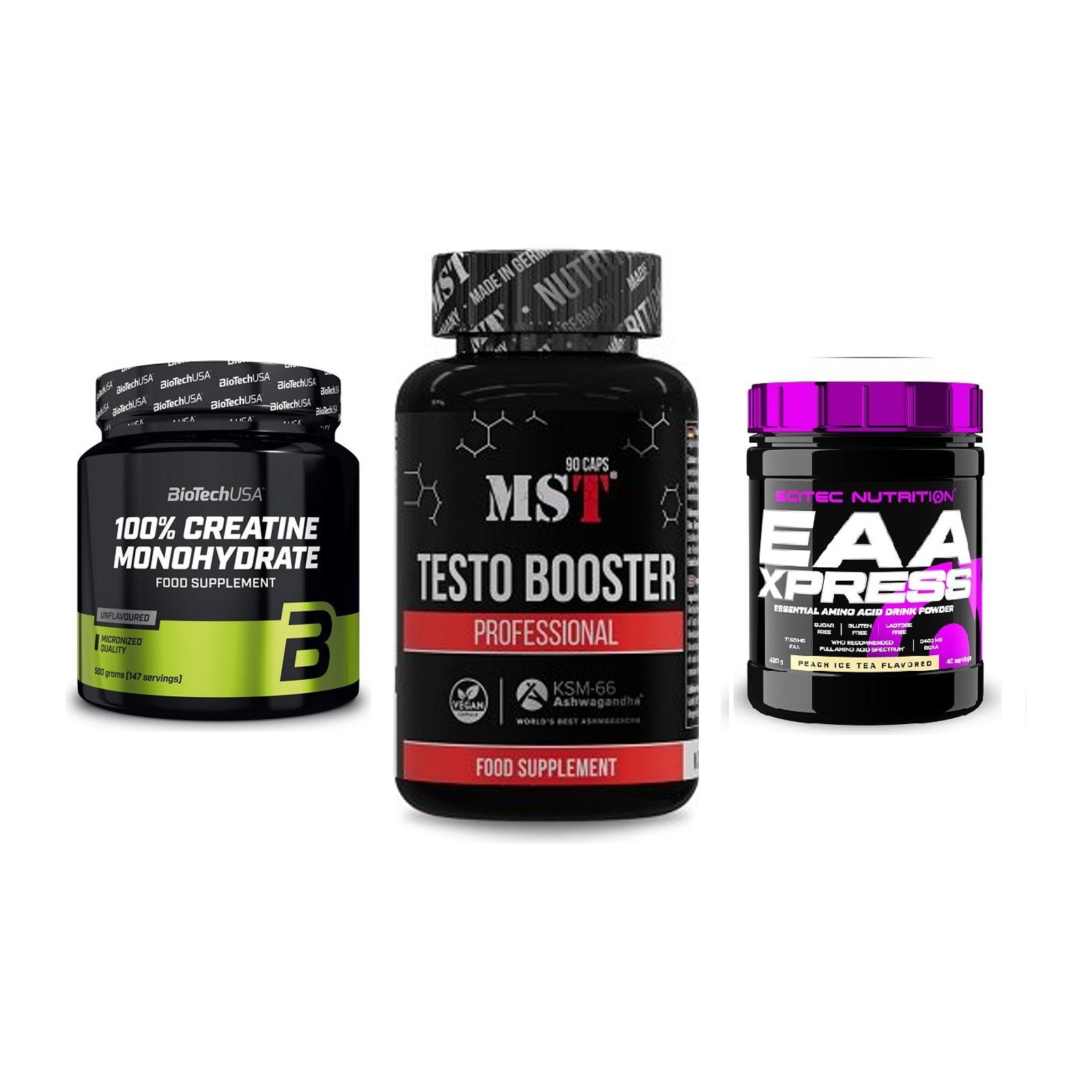 Kraft-Stack: BioTech Creatine + MST Testo Booster + Scitec EAA Xpress – alle enthaltenen Artikel
