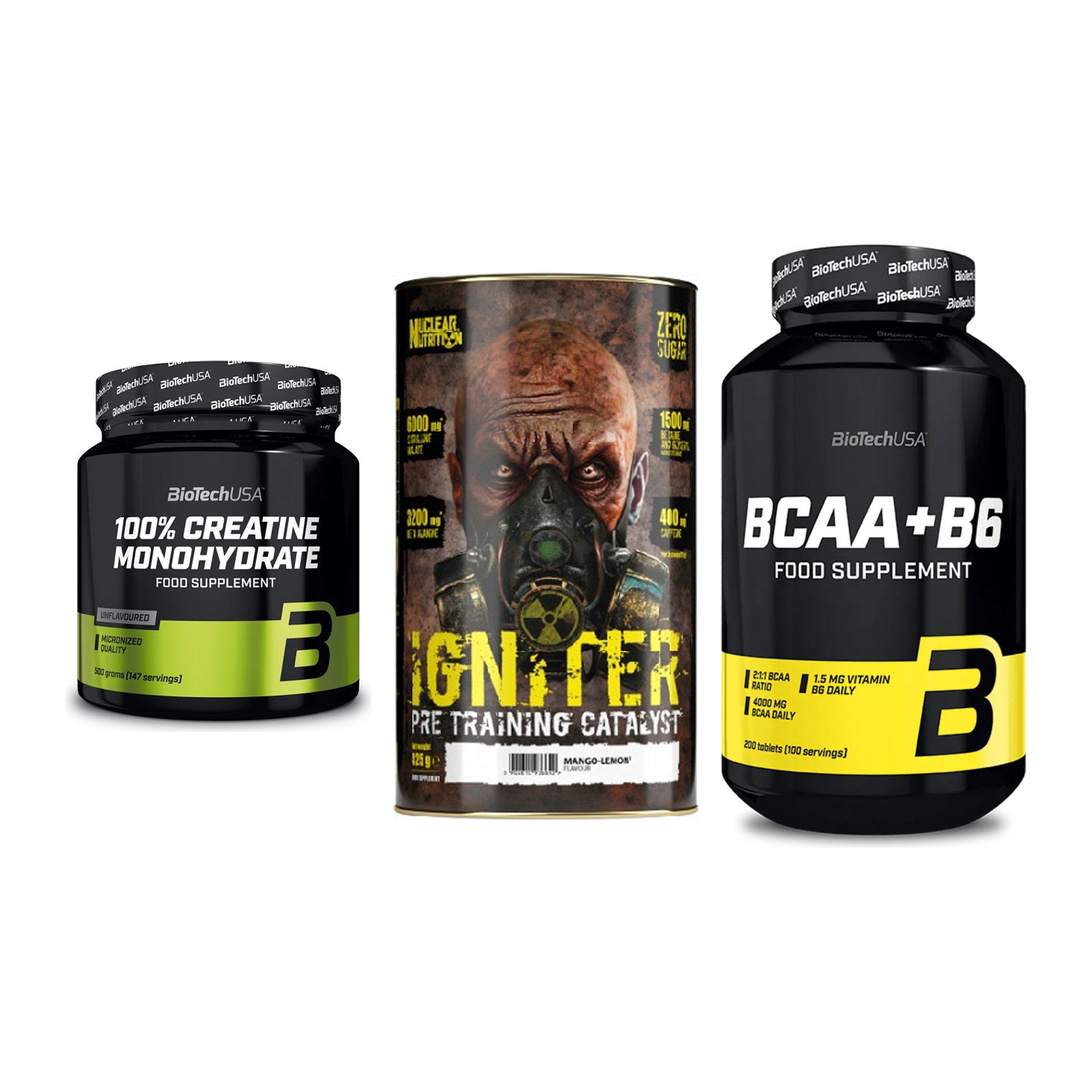 Kraft-Stack: BioTech Creatine + Nuclear Nutrition + BioTech BCAA+B6 – alle enthaltenen Artikel