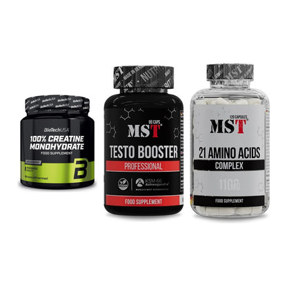 Kraft-Stack: BioTech Creatine + MST Testo Booster + MST 21 Amino – alle enthaltenen Artikel