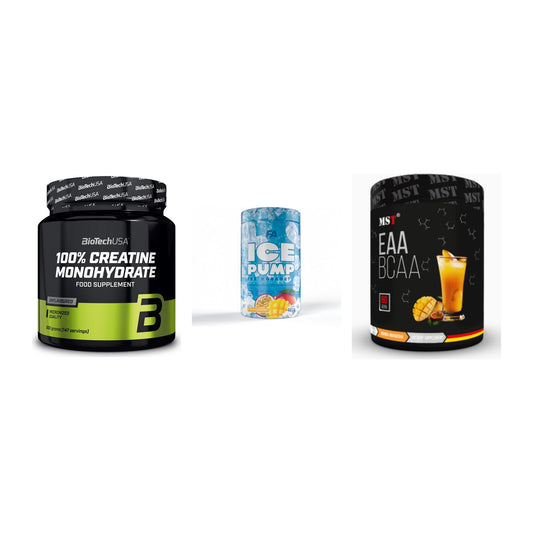 Kraft-Stack: BioTech Creatine + FA Nutrition ICE + MST EAA & BCAA – alle enthaltenen Artikel