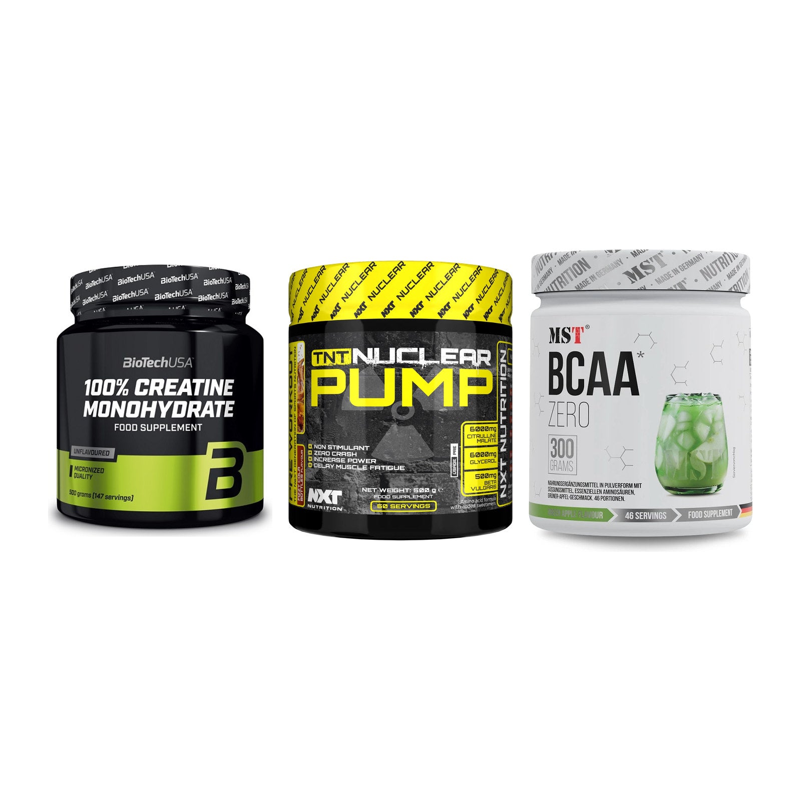 Kraft-Stack: BioTech Creatine + NXT Nutrition TNT + MST BCAA Zero – alle enthaltenen Artikel