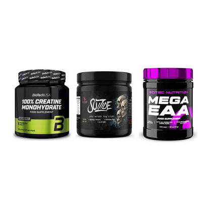 Kraft-Stack: BioTech Creatine + #GYMJUICE SUIZIDE + Scitec Mega EAA – alle enthaltenen Artikel