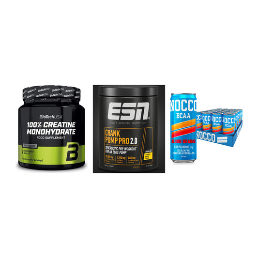 Kraft-Stack: BioTech Creatine + ESN Crank Pump + Nocco BCAA Drink – alle enthaltenen Artikel