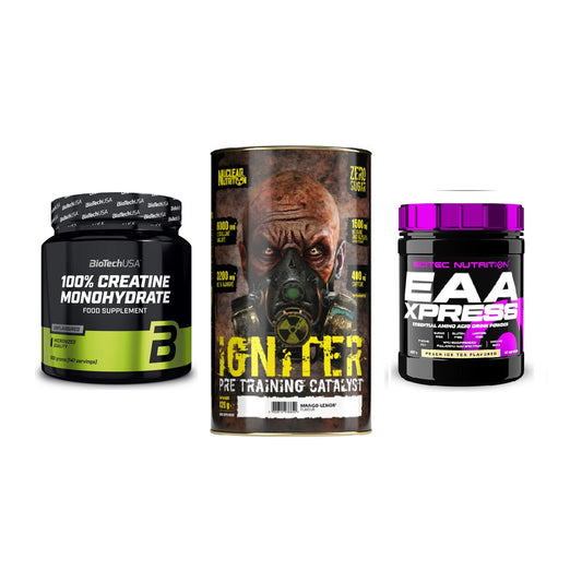 Kraft-Stack: BioTech Creatine + Nuclear Nutrition + Scitec EAA Xpress – alle enthaltenen Artikel