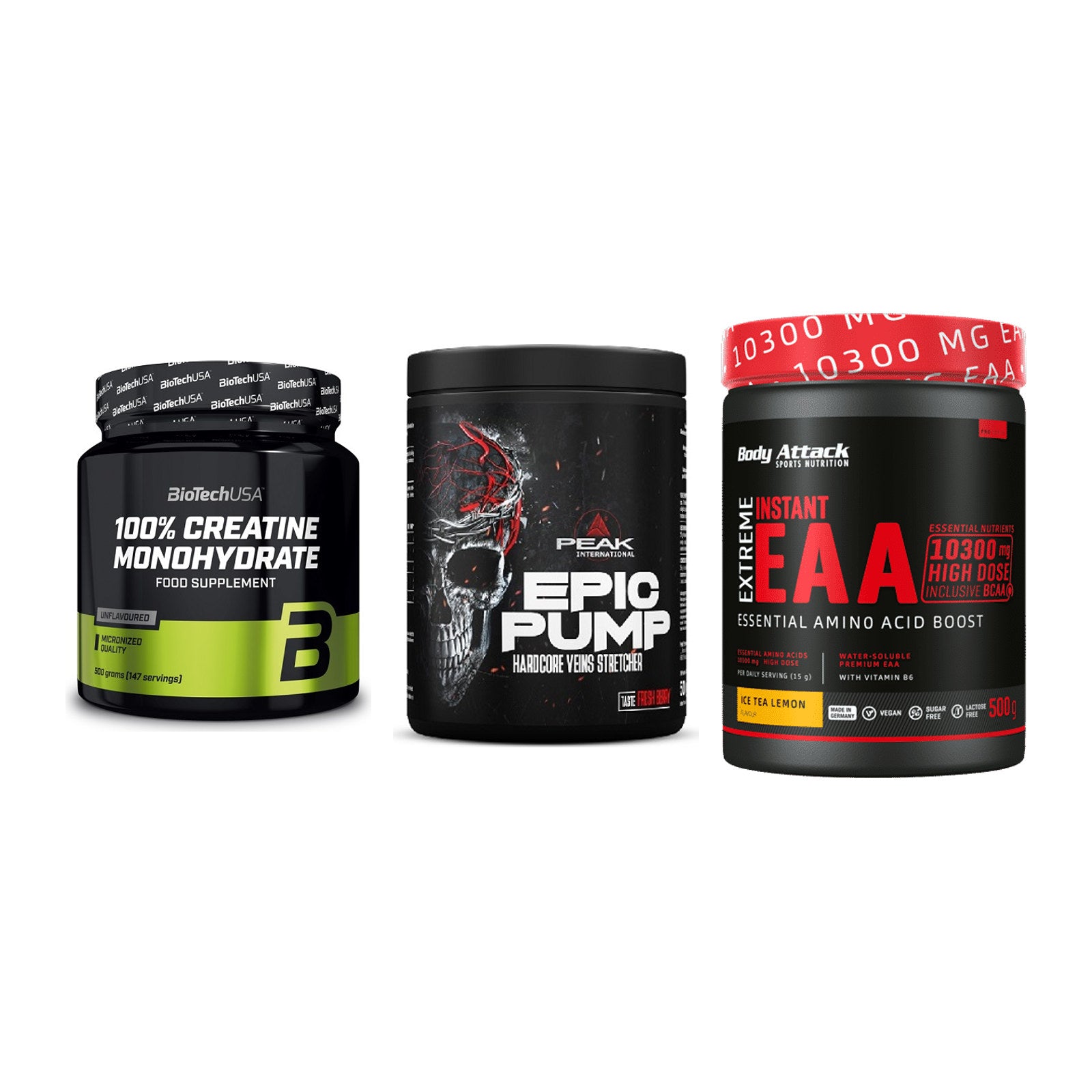 Kraft-Stack: BioTech Creatine + Peak EPIC Pump + Body Attack – alle enthaltenen Artikel