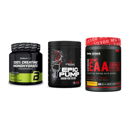 Kraft-Stack: BioTech Creatine + Peak EPIC Pump + Body Attack – alle enthaltenen Artikel