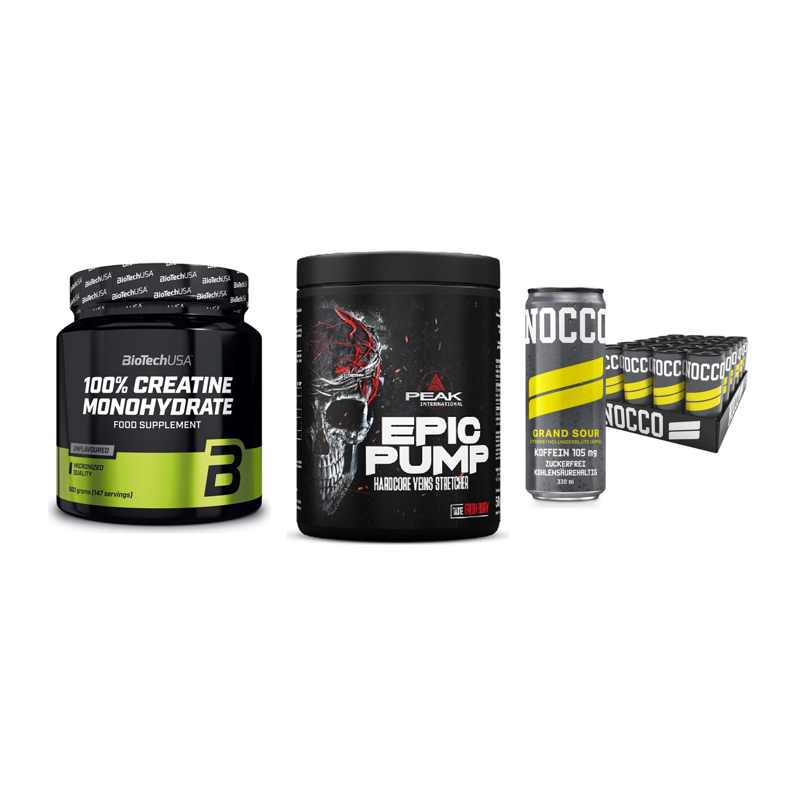 Kraft-Stack: BioTech Creatine + Peak EPIC Pump + Nocco BCAA Drink – alle enthaltenen Artikel