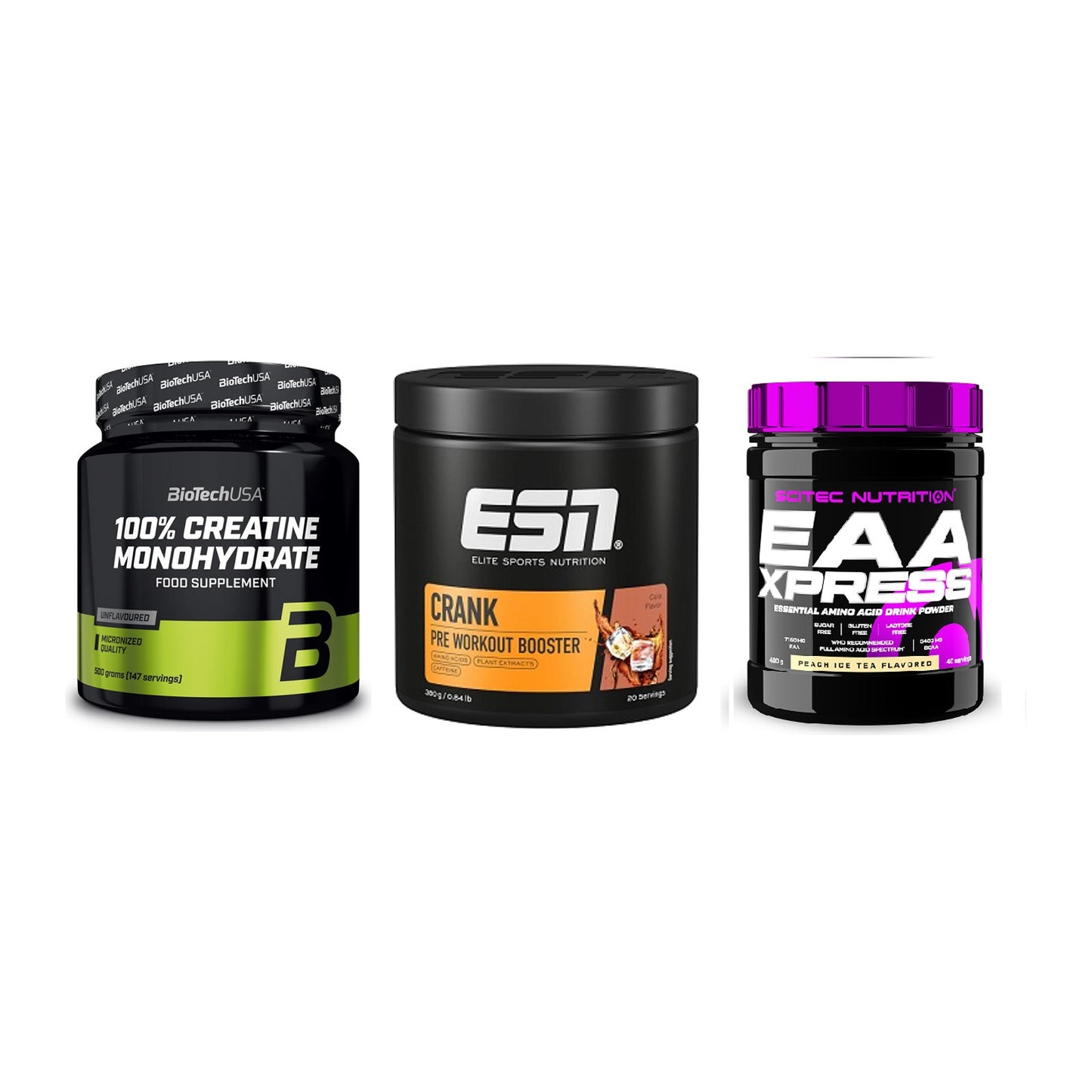 Kraft-Stack: BioTech Creatine + ESN Crank Booster + Scitec EAA Xpress – alle enthaltenen Artikel