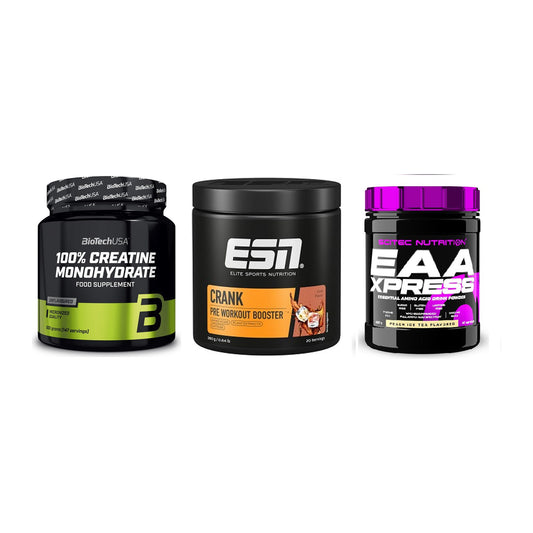 Kraft-Stack: BioTech Creatine + ESN Crank Booster + Scitec EAA Xpress – alle enthaltenen Artikel