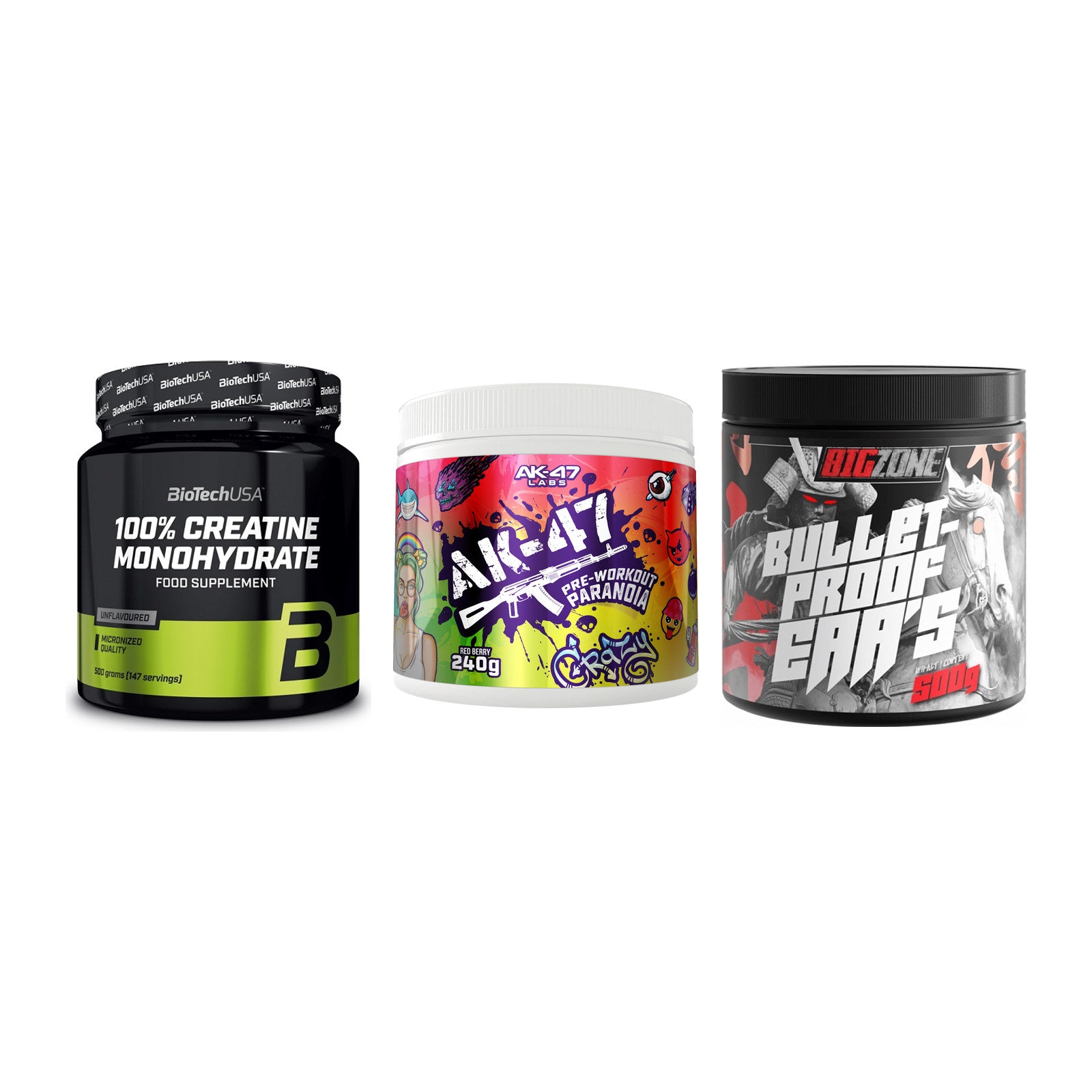 Kraft-Stack: BioTech Creatine + AK47 Labs + Big Zone Bulletpr – alle enthaltenen Artikel