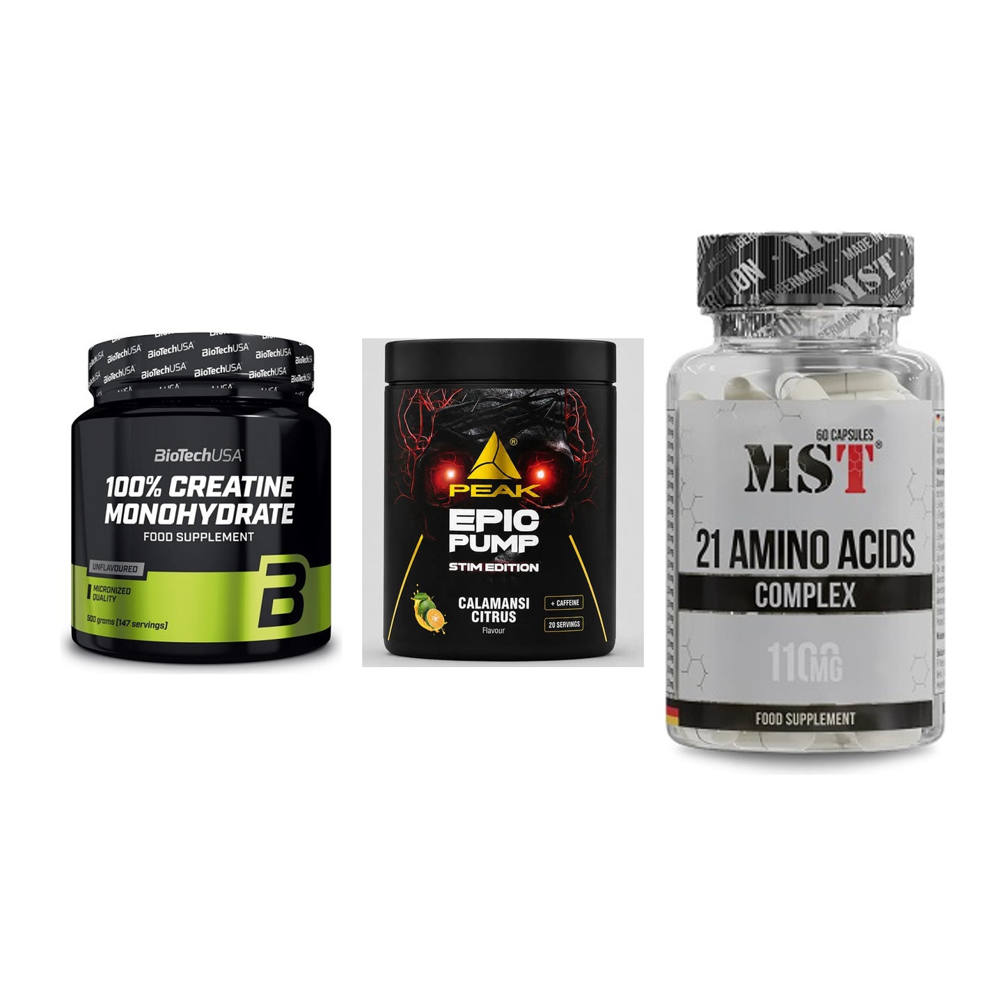 Kraft-Stack: BioTech Creatine + Peak Epic Pump + MST 21 Amino – alle enthaltenen Artikel